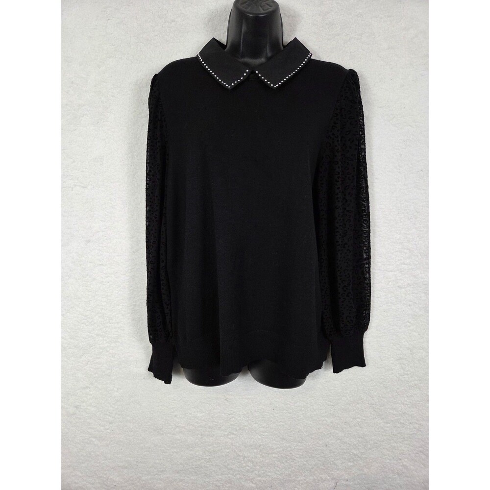 Belldini Sweater L Black Studded Peter‎ Pan Collar Velvet Burnout Puff Sleeve
